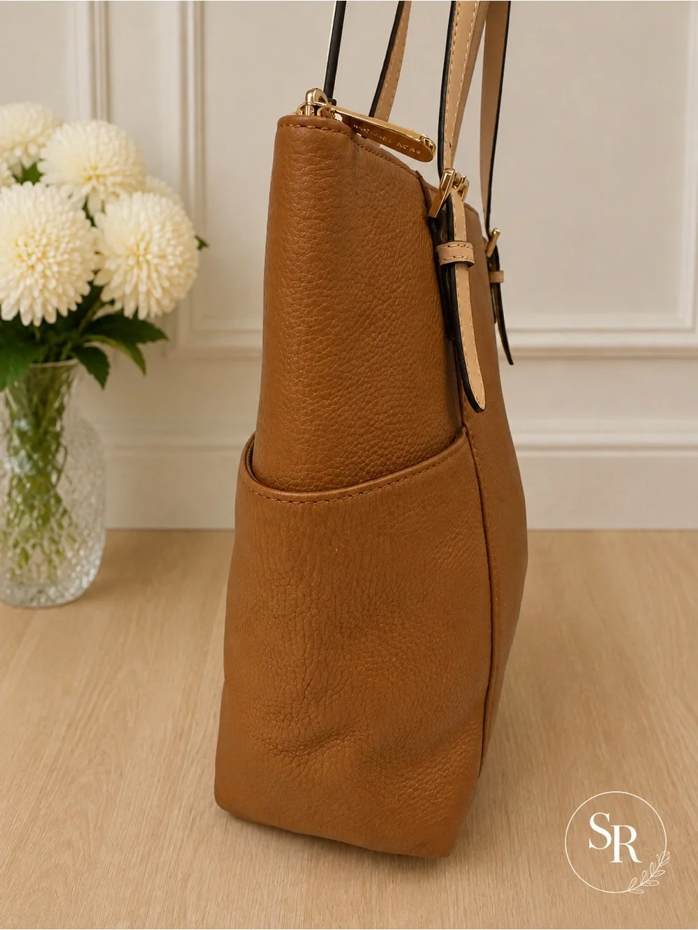 Michael Kors Jet Set Tan Pebbled Leather Top Zip Tote Bag Gold Hardware
